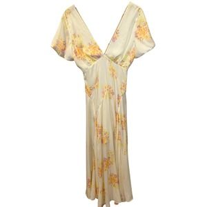 Free People Floral Midi Dress Womens Medium Ivory Orange V-Neck Flutter Cottage